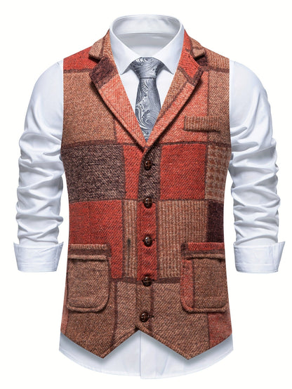 Men's Suit Vest with Patchwork Herringbone Pattern and Button Closure