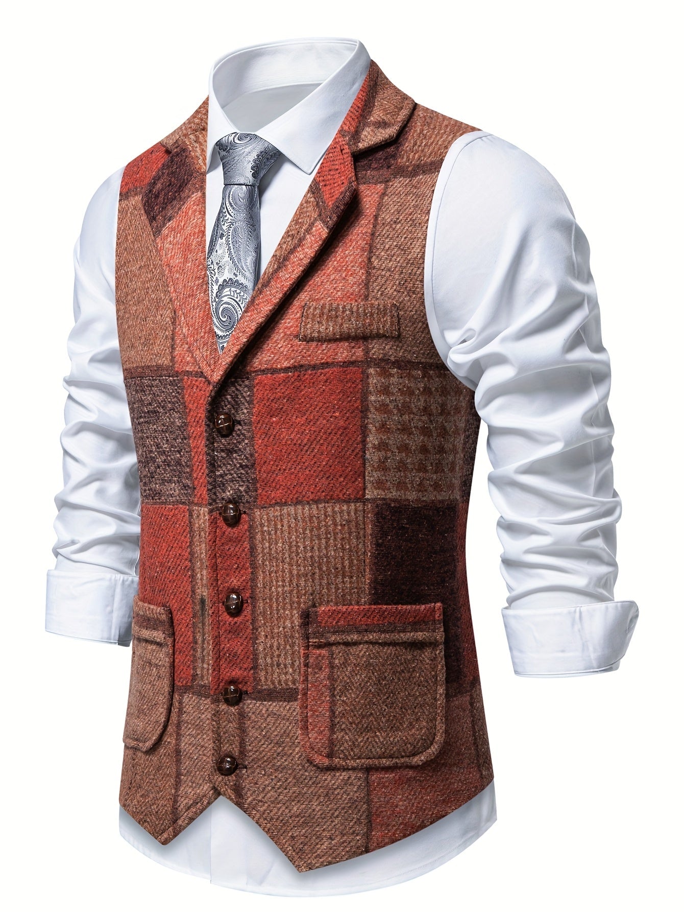 Men's Suit Vest with Patchwork Herringbone Pattern and Button Closure