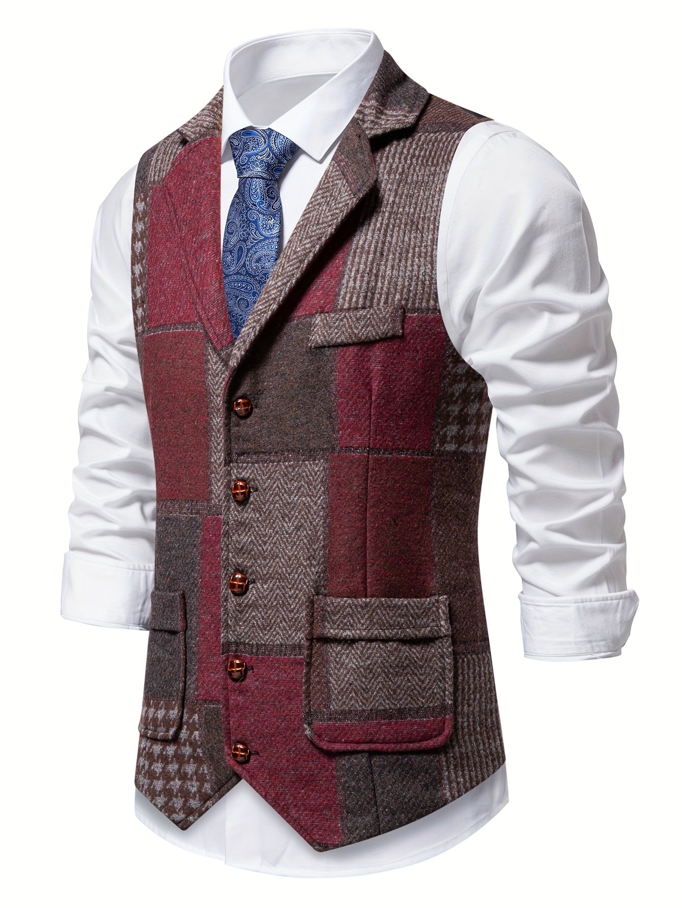 Men's Suit Vest with Patchwork Herringbone Pattern and Button Closure