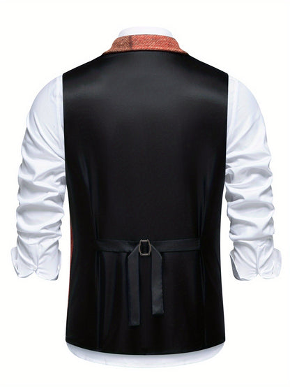 Men's Suit Vest with Patchwork Herringbone Pattern and Button Closure