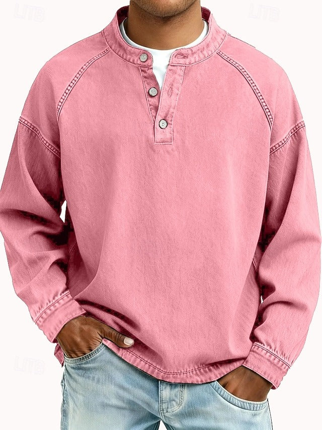 Men's Sweatshirt Long Sleeve Henley with Stand Collar and Button Placket