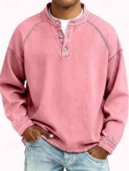 Men's Sweatshirt Long Sleeve Henley with Stand Collar and Button Placket