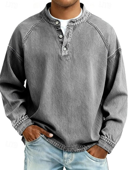 Men's Sweatshirt Long Sleeve Henley with Stand Collar and Button Placket