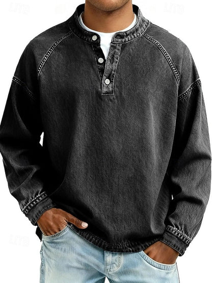 Men's Sweatshirt Long Sleeve Henley with Stand Collar and Button Placket