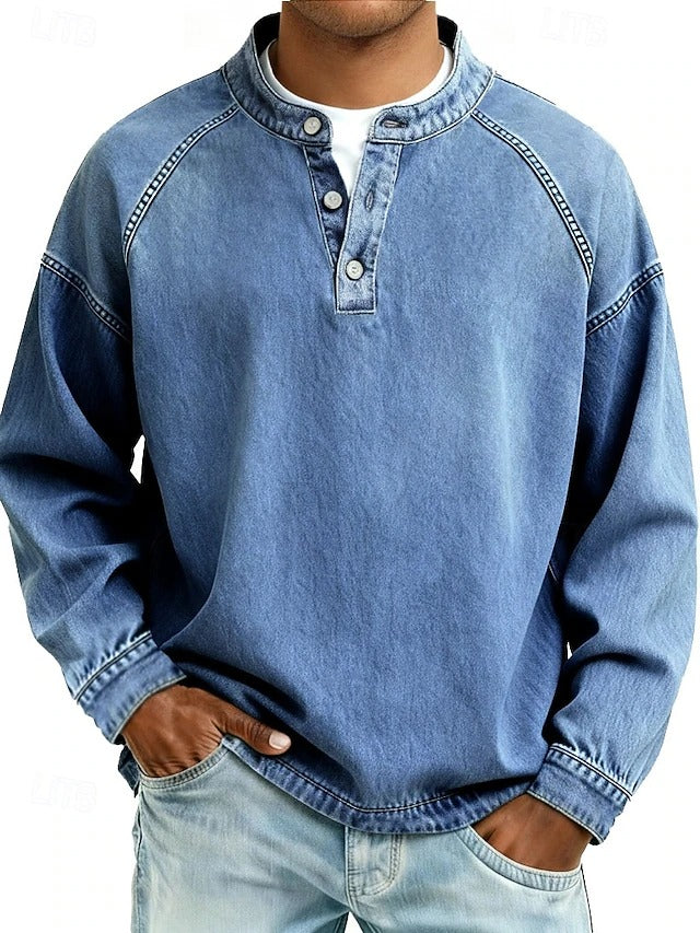 Men's Sweatshirt Long Sleeve Henley with Stand Collar and Button Placket
