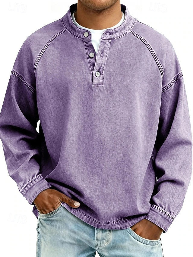 Men's Sweatshirt Long Sleeve Henley with Stand Collar and Button Placket