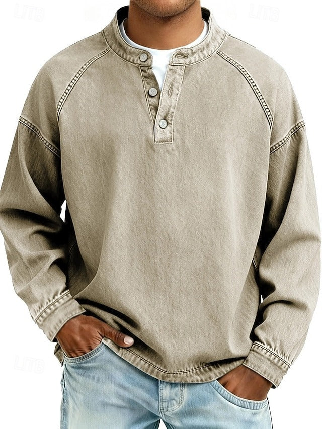 Men's Sweatshirt Long Sleeve Henley with Stand Collar and Button Placket