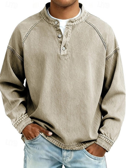 Men's Sweatshirt Long Sleeve Henley with Stand Collar and Button Placket