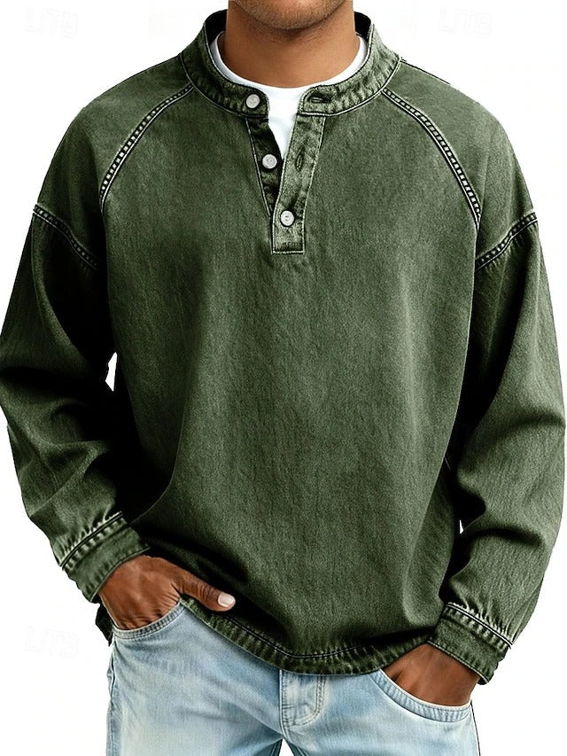 Men's Sweatshirt Long Sleeve Henley with Stand Collar and Button Placket
