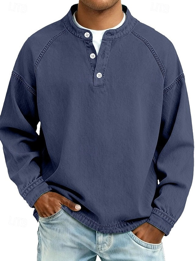 Men's Sweatshirt Long Sleeve Henley with Stand Collar and Button Placket