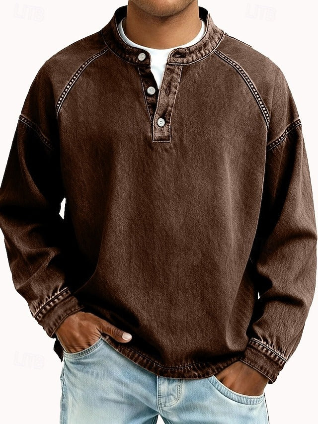Men's Sweatshirt Long Sleeve Henley with Stand Collar and Button Placket