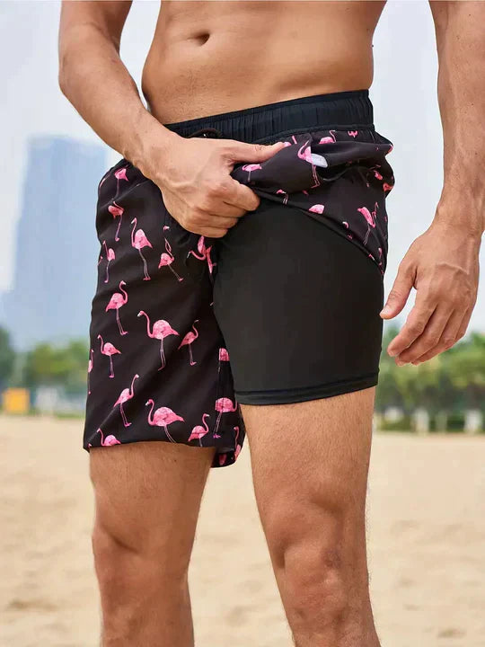 Men's Swim Shorts 2-in-1 with Inner Liner and Drawstring Waistband