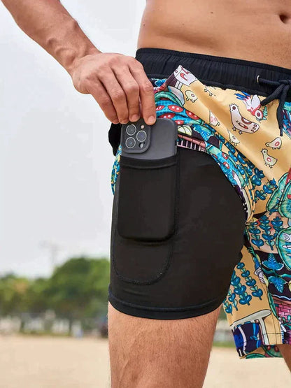 Men's Swim Shorts 2-in-1 with Inner Liner and Drawstring Waistband