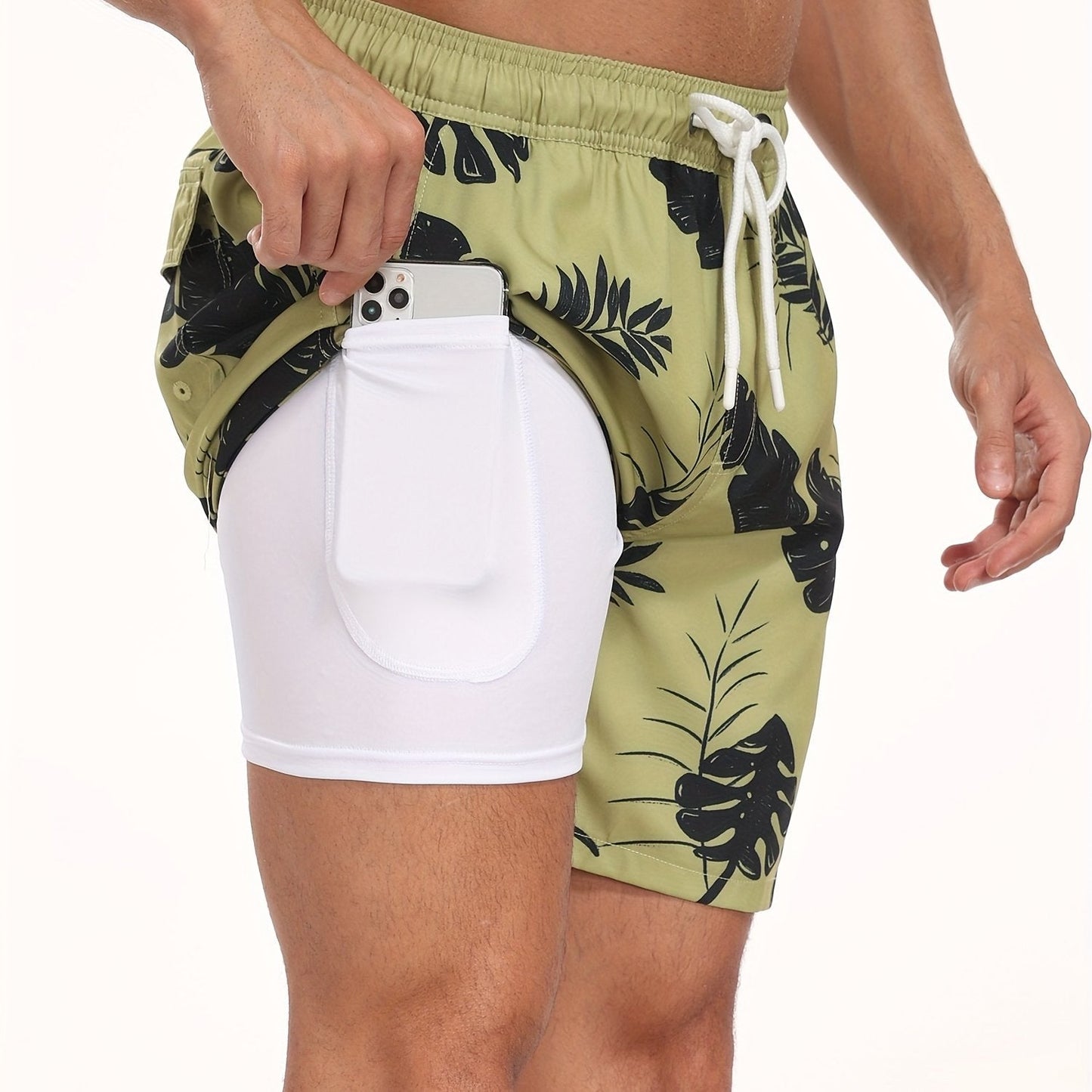 Men's Swim Shorts with Built-In Compression Liner and Inner Phone Pocket