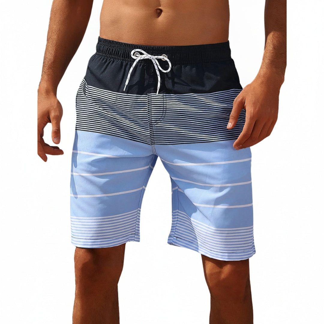 Men's Swim Shorts with Striped Pattern and Elastic Drawstring Waistband