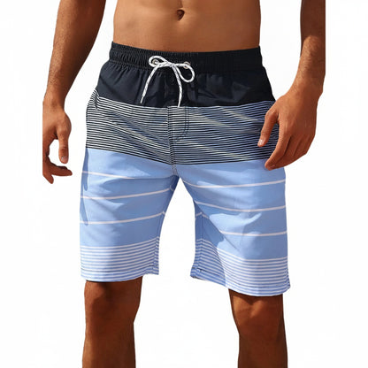 Men's Swim Shorts with Striped Pattern and Elastic Drawstring Waistband
