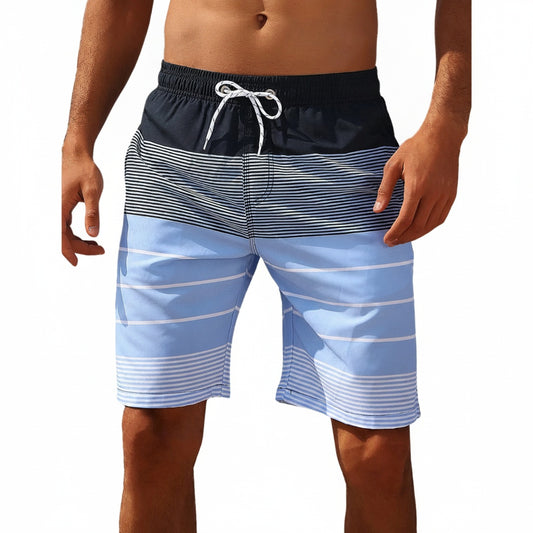 Men's Swim Shorts with Striped Pattern and Elastic Drawstring Waistband