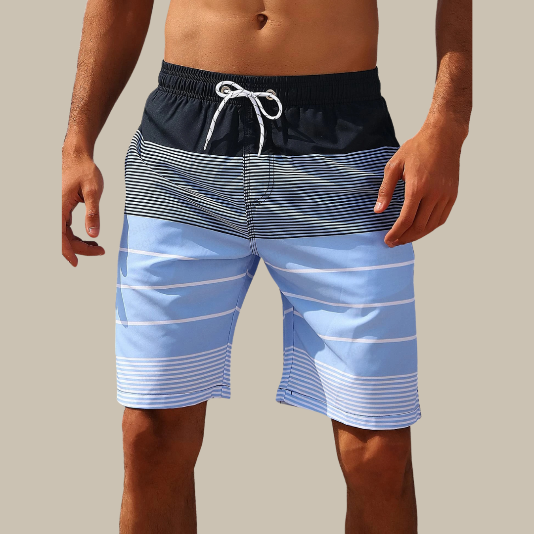 Men's Swim Shorts with Striped Pattern and Elastic Drawstring Waistband