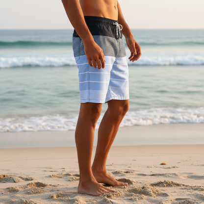 Men's Swim Shorts with Striped Pattern and Elastic Drawstring Waistband