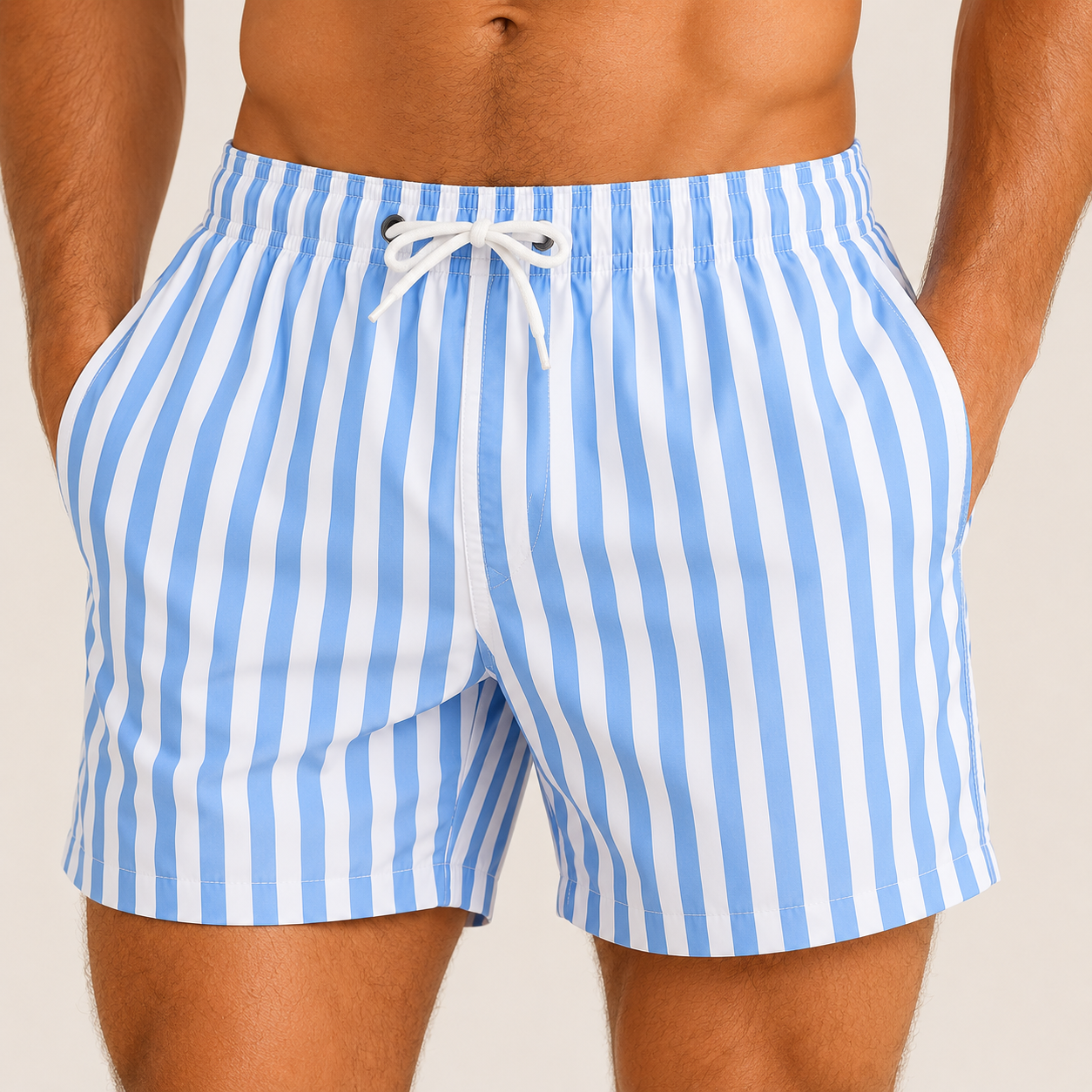Men's Swim Shorts with Vertical Stripe Pattern and Drawstring Waist