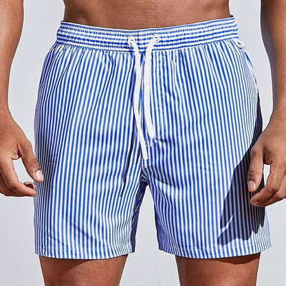 Men's Swim Shorts with Vertical Stripe Print and Drawstring Waist