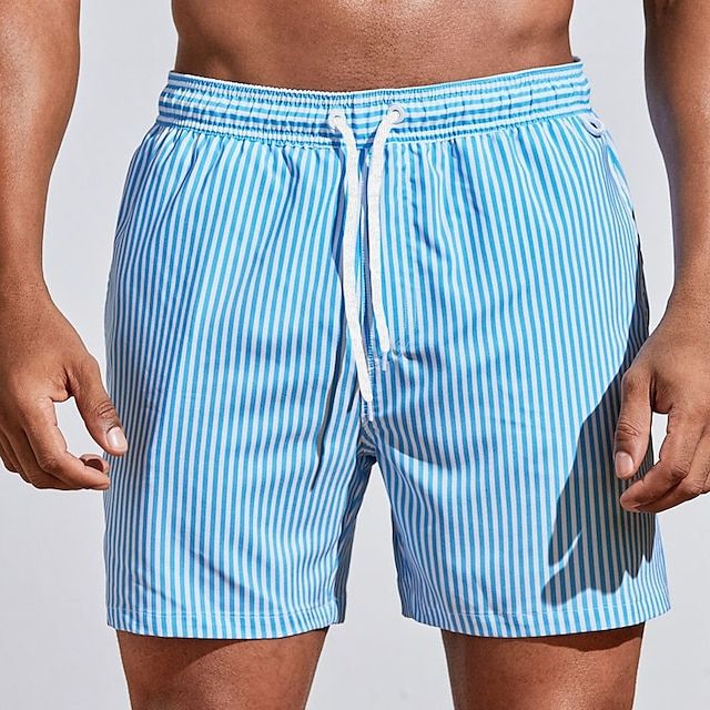 Men's Swim Shorts with Vertical Stripe Print and Drawstring Waist