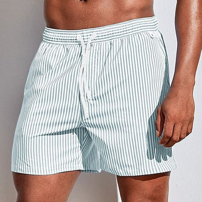 Men's Swim Shorts with Vertical Stripe Print and Drawstring Waist