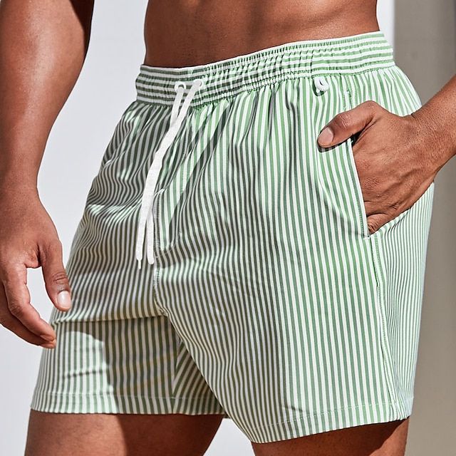 Men's Swim Shorts with Vertical Stripe Print and Drawstring Waist