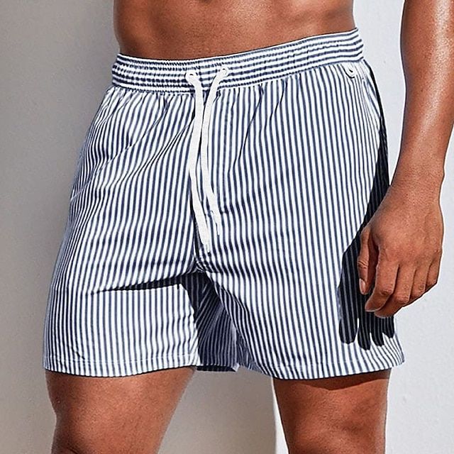 Men's Swim Shorts with Vertical Stripe Print and Drawstring Waist