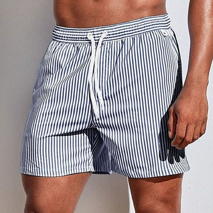 Men's Swim Shorts with Vertical Stripe Print and Drawstring Waist