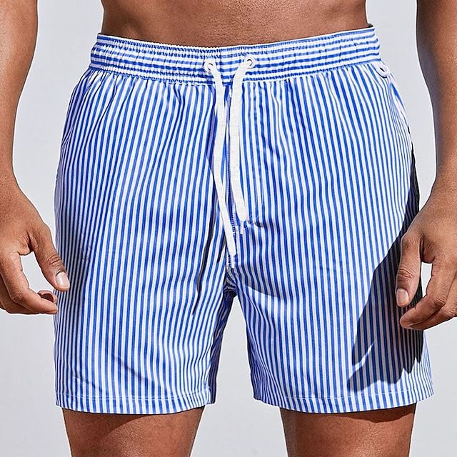Men's Swim Trunks with Vertical Stripes and Drawstring Waist