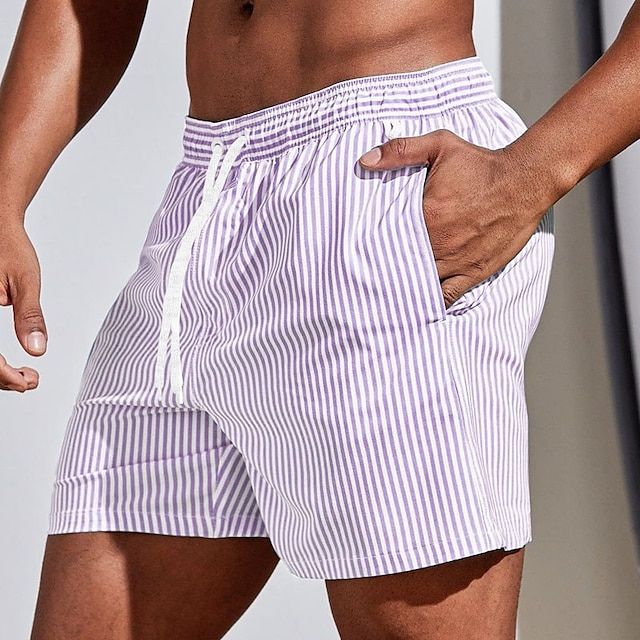 Men's Swim Trunks with Vertical Stripes and Drawstring Waist