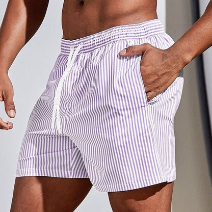 Men's Swim Trunks with Vertical Stripes and Drawstring Waist
