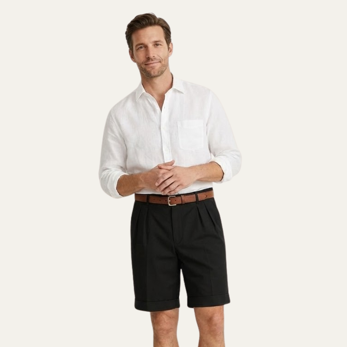 Men's Tailored Chino Shorts with Pleated Front and Cuffed Hem
