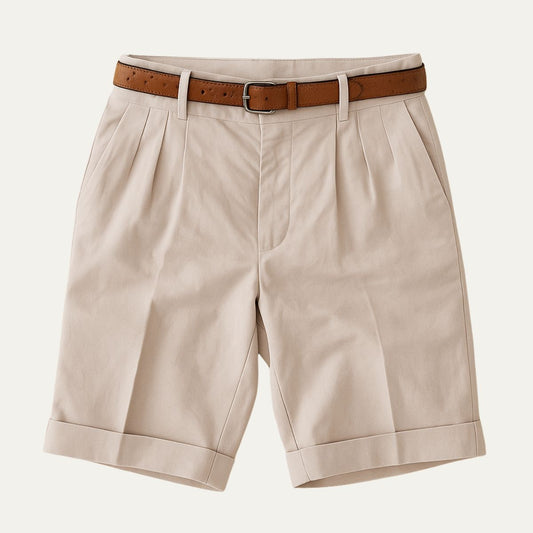 Men's Tailored Chino Shorts with Pleated Front and Cuffed Hem