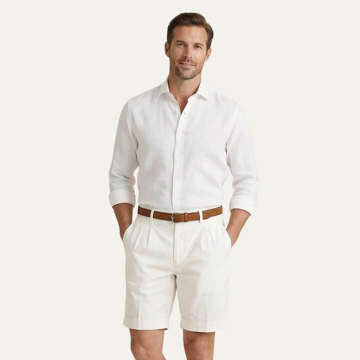 Men's Tailored Chino Shorts with Pleated Front and Cuffed Hem