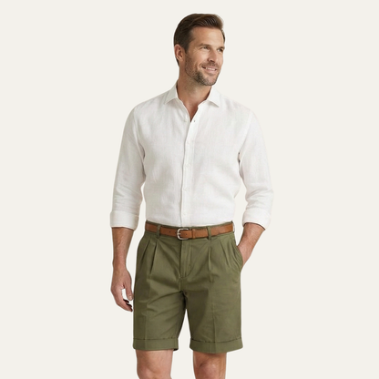 Men's Tailored Chino Shorts with Pleated Front and Cuffed Hem