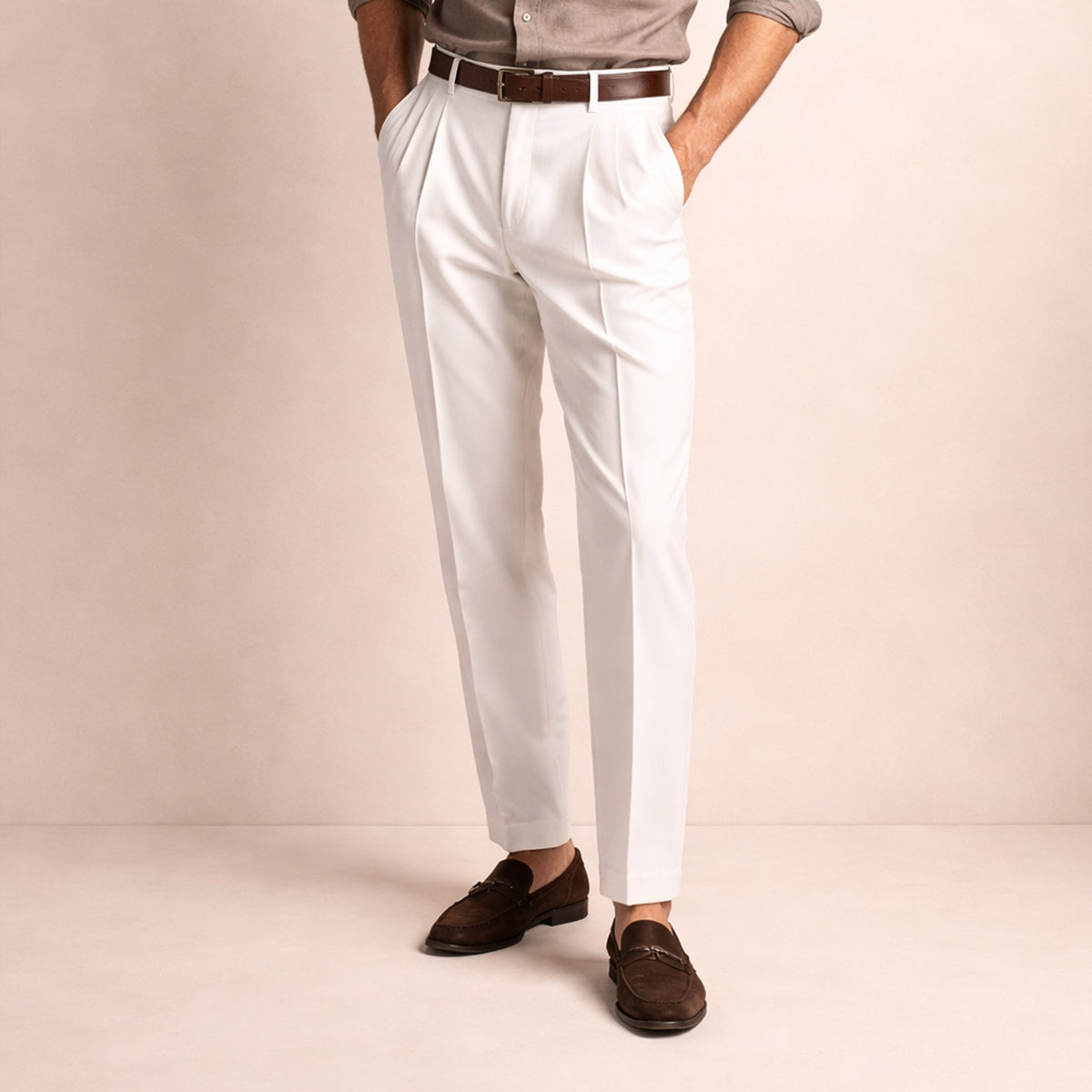 Men's Tailored Dress Pants with Double Pleats and High-Rise Waist