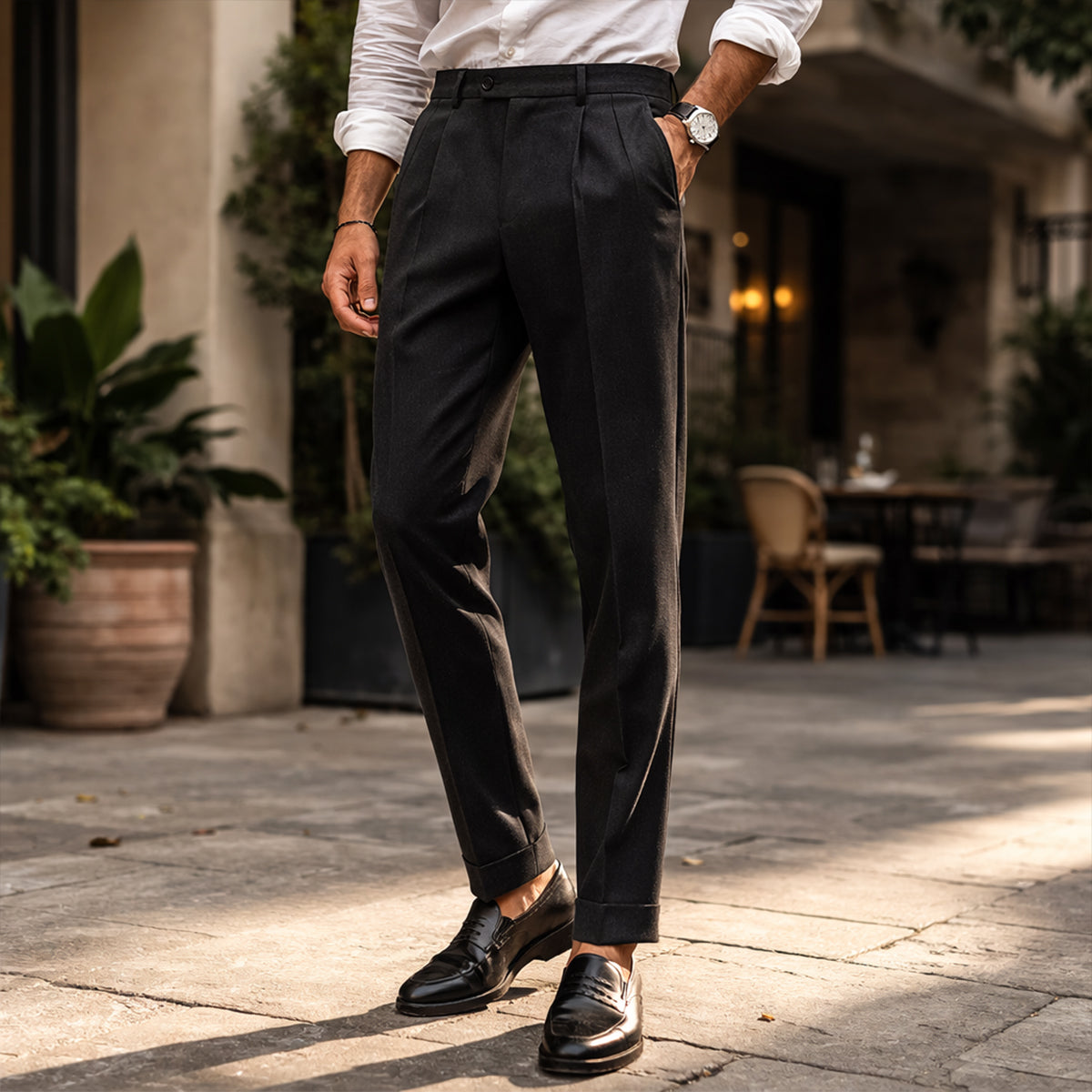 Men's Tailored Dress Pants with Double Pleats and High-Rise Waist