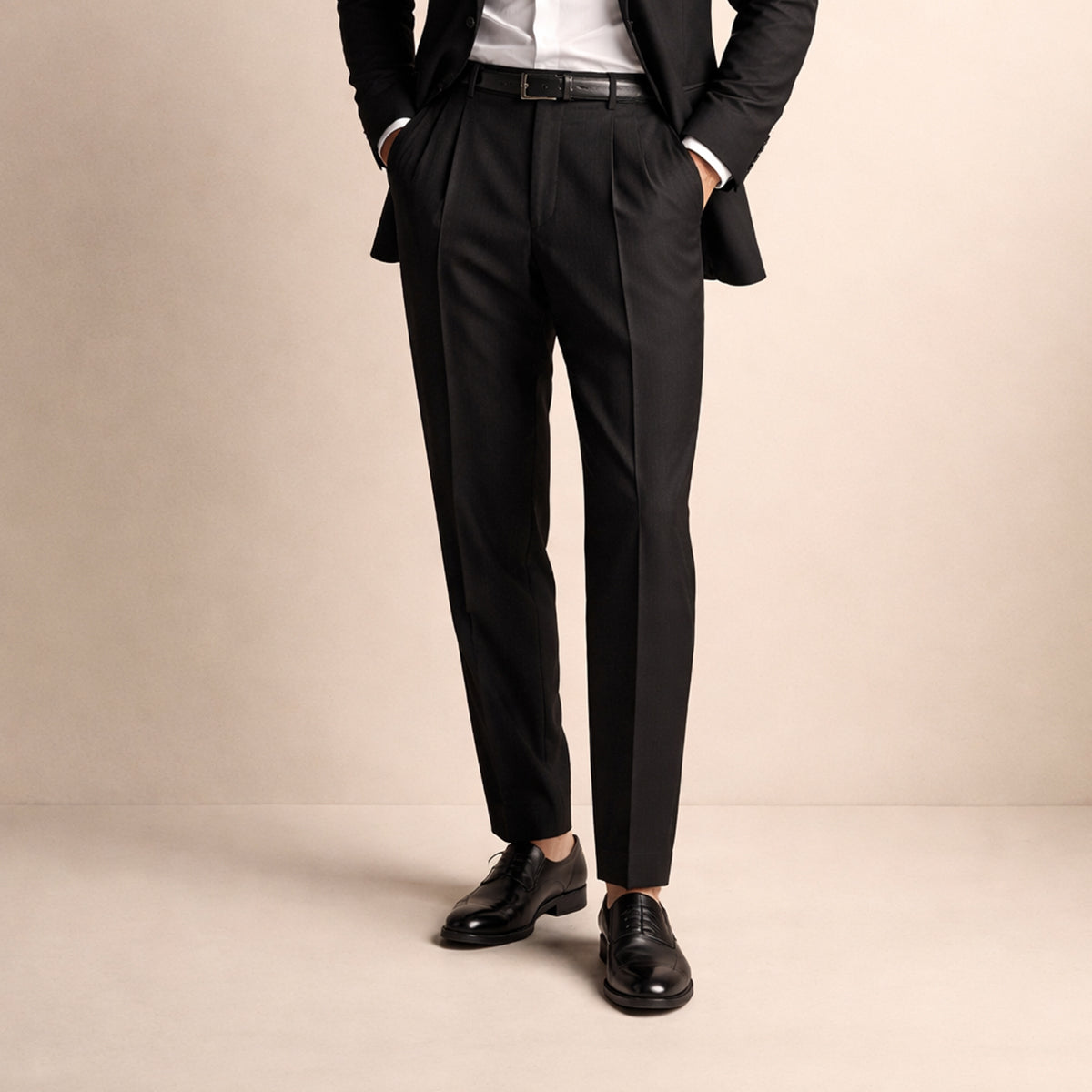 Men's Tailored Dress Pants with Double Pleats and High-Rise Waist