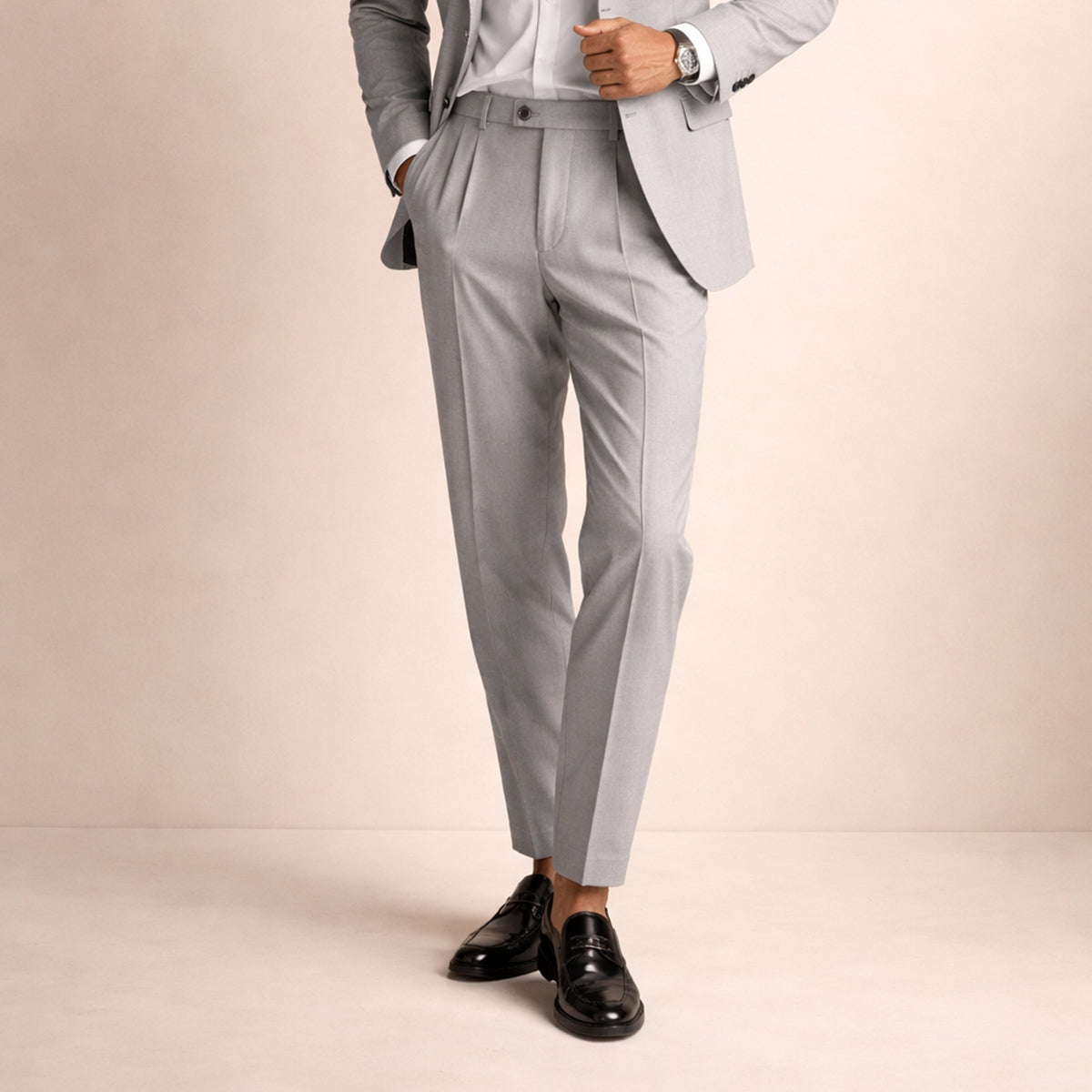 Men's Tailored Dress Pants with Double Pleats and High-Rise Waist