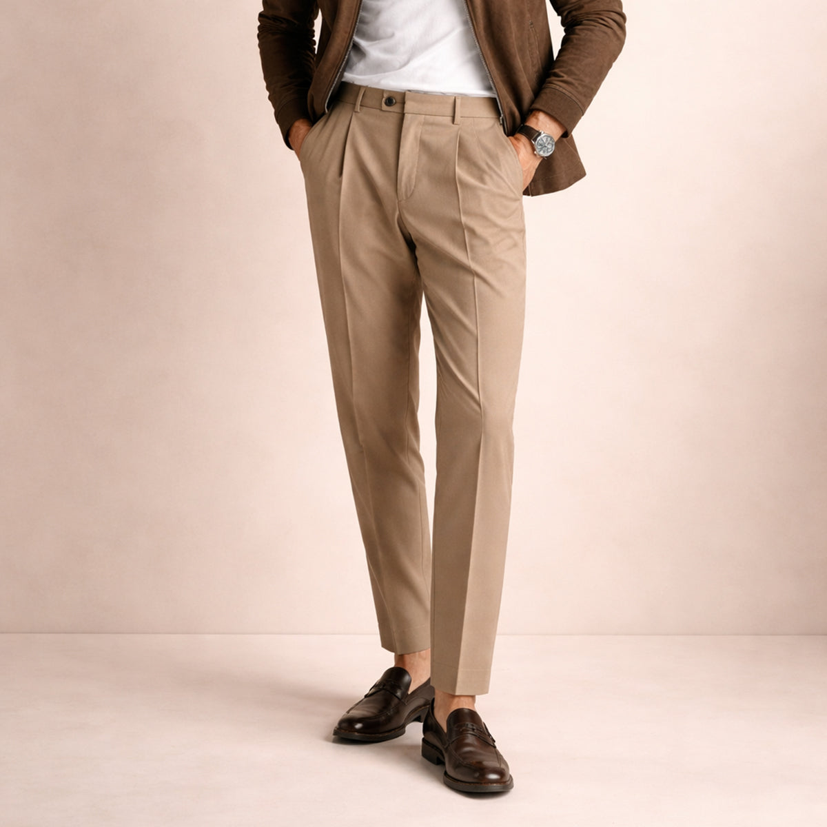 Men's Tailored Dress Pants with Double Pleats and High-Rise Waist