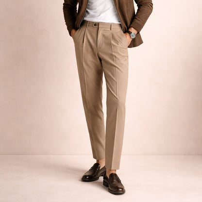 Men's Tailored Dress Pants with Double Pleats and High-Rise Waist
