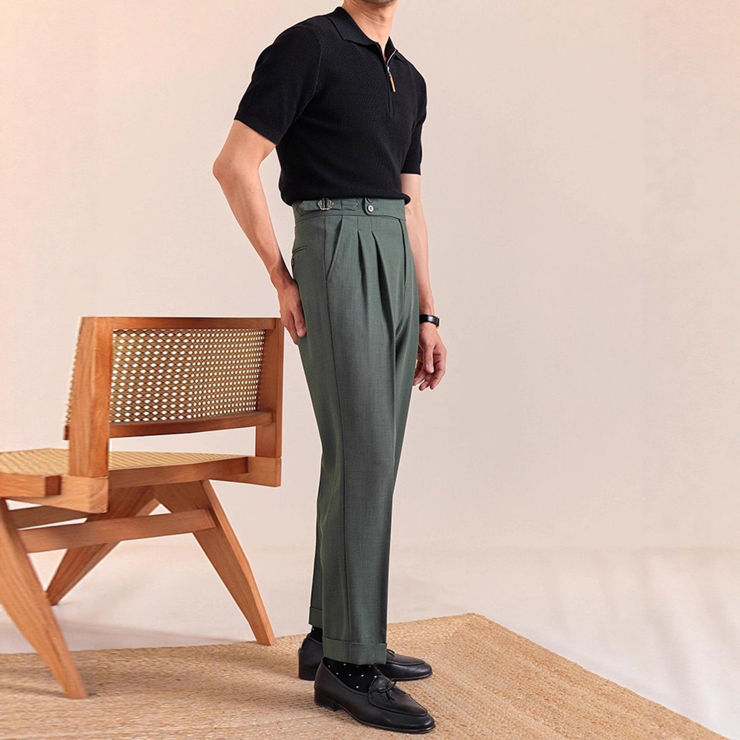 Men's Tailored Slim Fit Pleated Dress Pants with Cuffed Hem