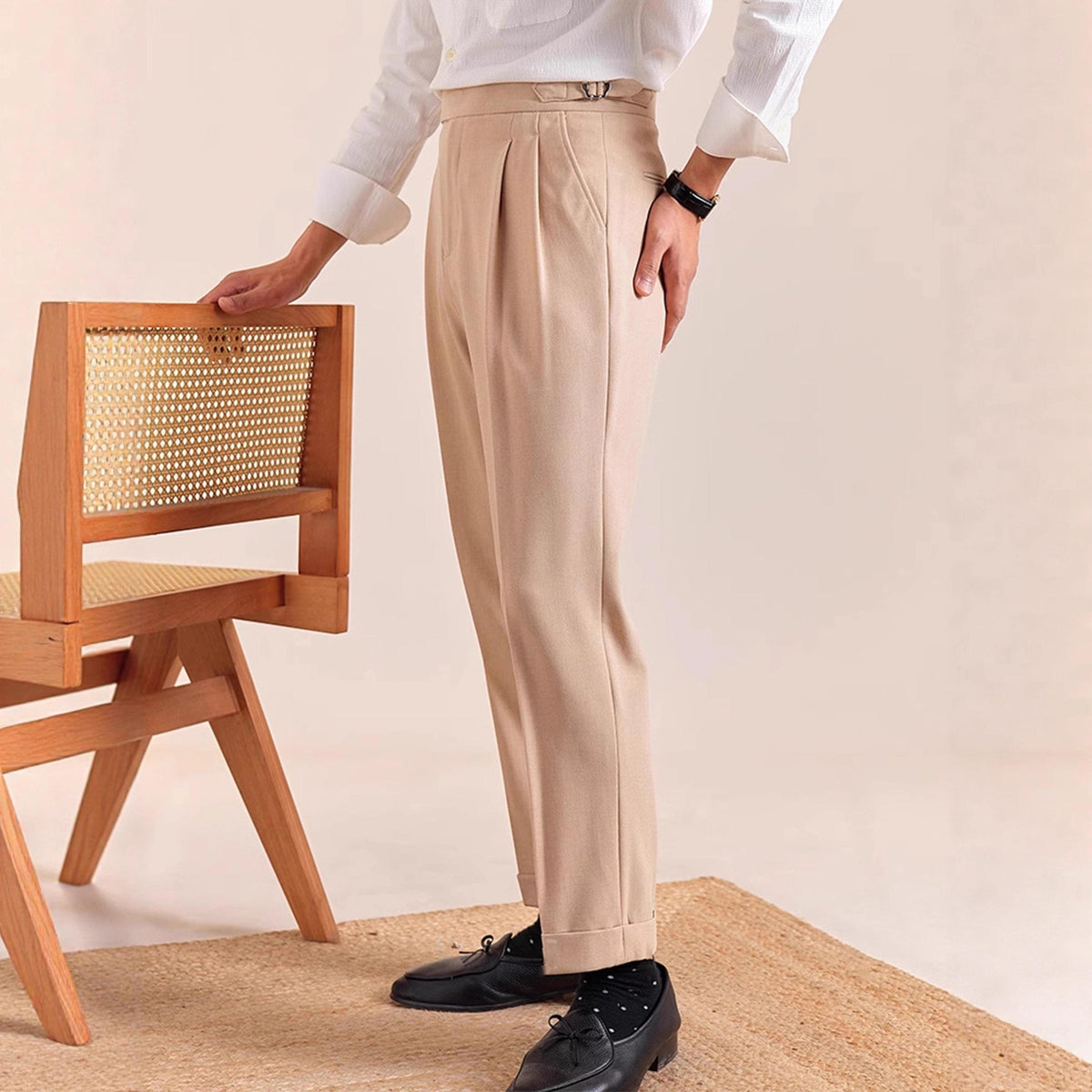 Men's Tailored Slim Fit Pleated Dress Pants with Cuffed Hem