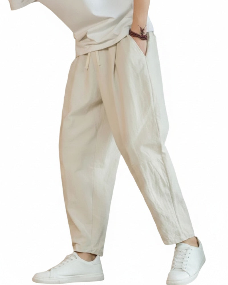 Men's Tapered Trousers with Pleats and Drawstring Waist
