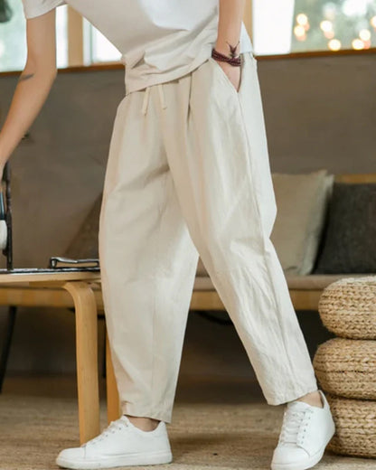 Men's Tapered Trousers with Pleats and Drawstring Waist