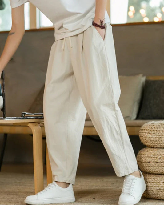 Men's Tapered Trousers with Pleats and Drawstring Waist