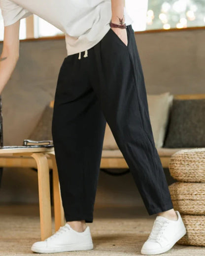Men's Tapered Trousers with Pleats and Drawstring Waist