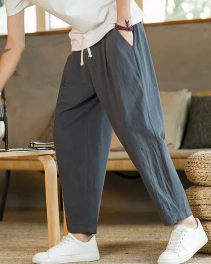 Men's Tapered Trousers with Pleats and Drawstring Waist